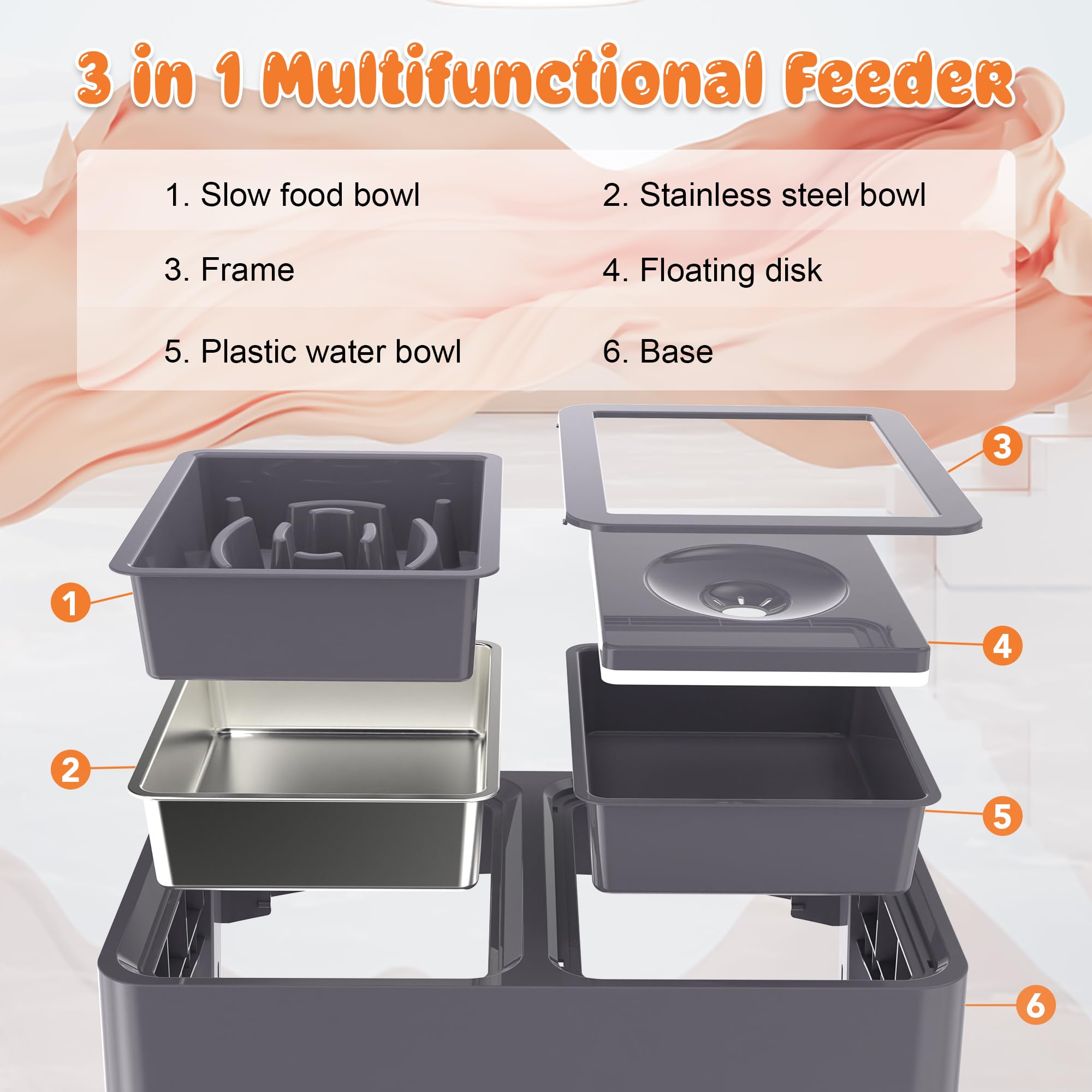 Decflow no-spill water bowl with floating plate reduces drinking speed and mess