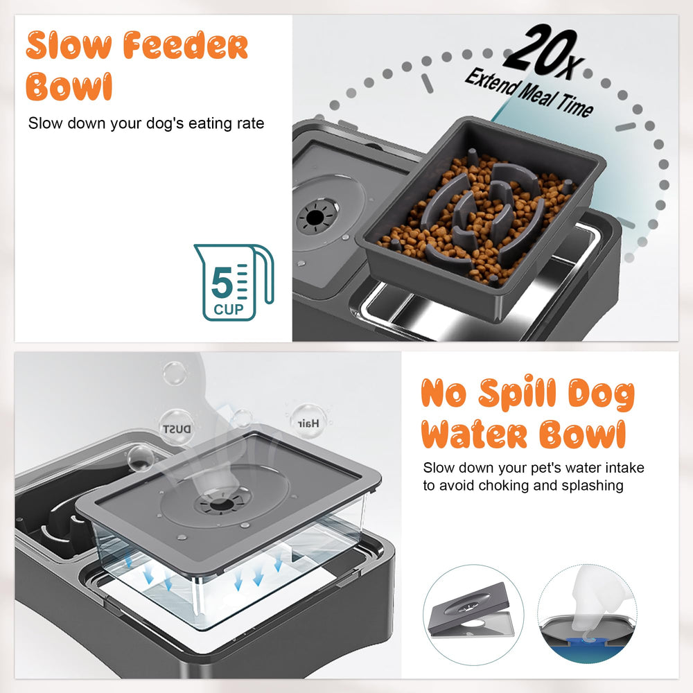 Decflow no-spill water bowl uses a floating plate to reduce floor splashes.