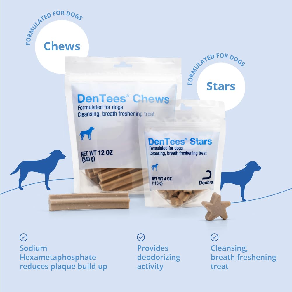 Dechra DenTees no beef ingredients label communicates allergen-friendly formulation.