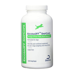 Dechra Eicosa3FF SnipCaps bottle may support healthy skin and coat.