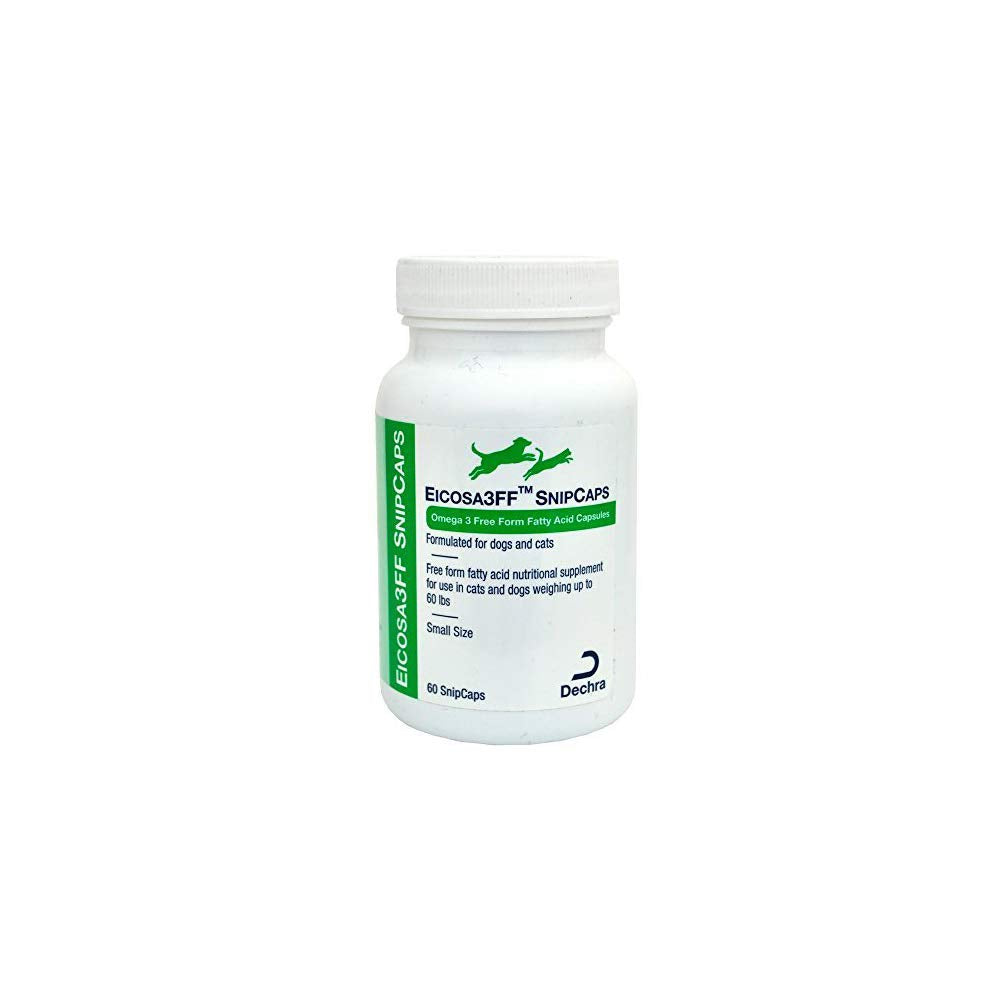 Dechra Eicosa3FF SnipCaps bottle shows liquid omega-3 for coat and joint support.