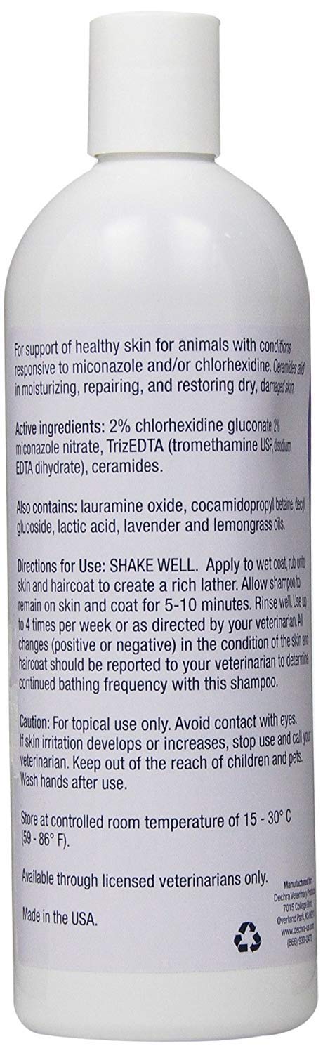 Dechra MiconaHex + Triz shampoo packaging graphics show clinical-grade formulation