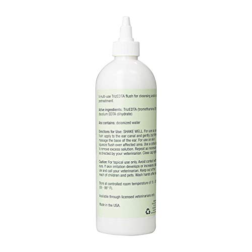 Dechra TrizEDTA Aqueous Flush label closeup shows USA-made ear care formula