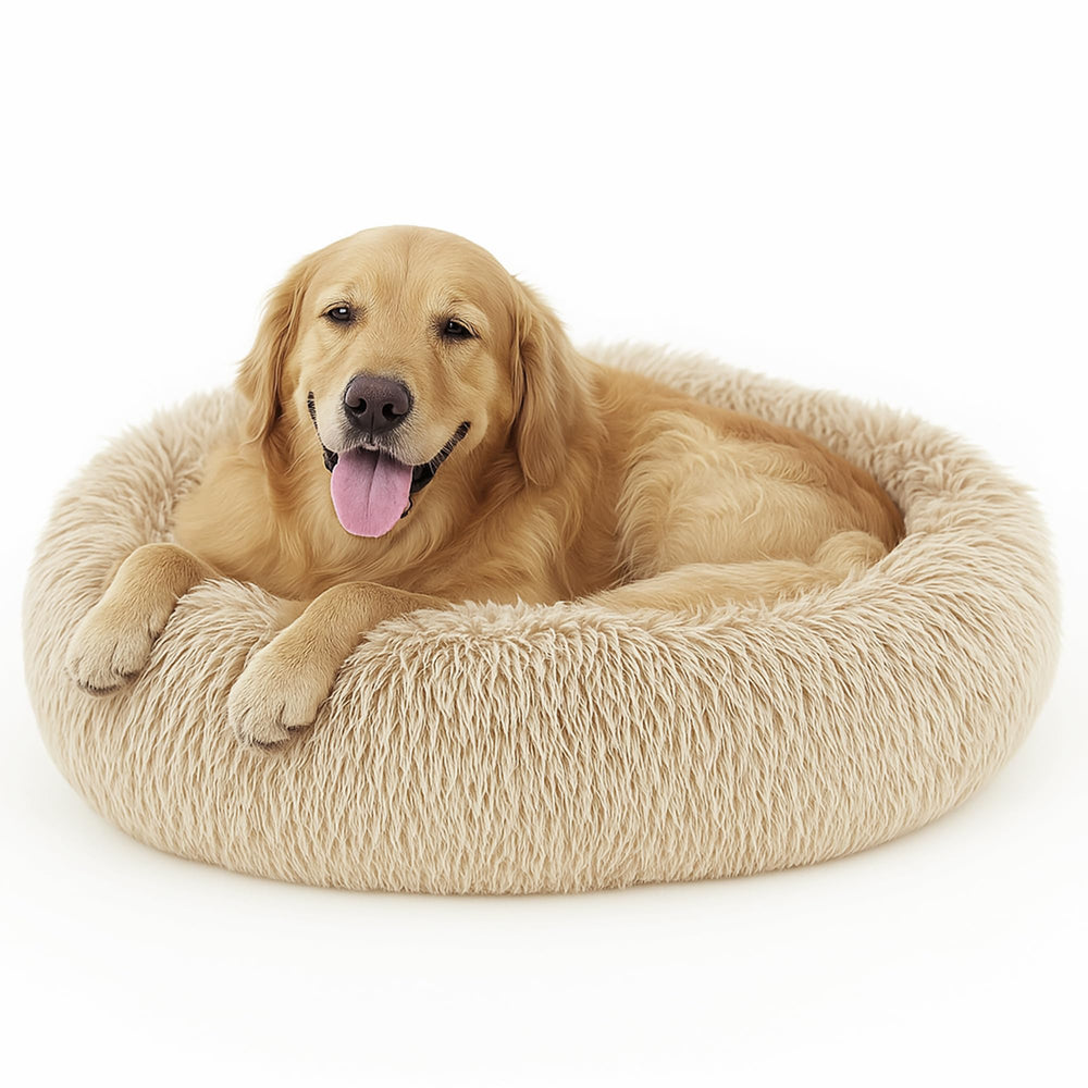 Deconovo Calming Donut Dog Bed close-up plush fur forms a cozy nest for small dogs.