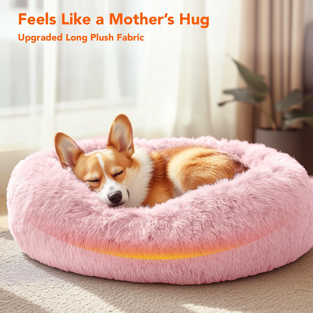Deconovo donut bed pink side profile shows raised rim for head support during naps