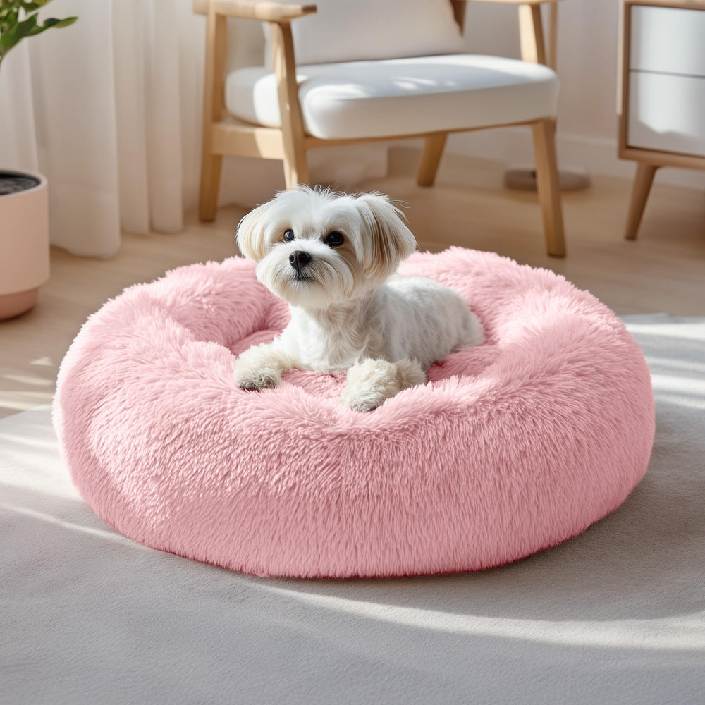 Deconovo calming donut dog bed pink top view highlights cozy plush comfort for small dogs and cats