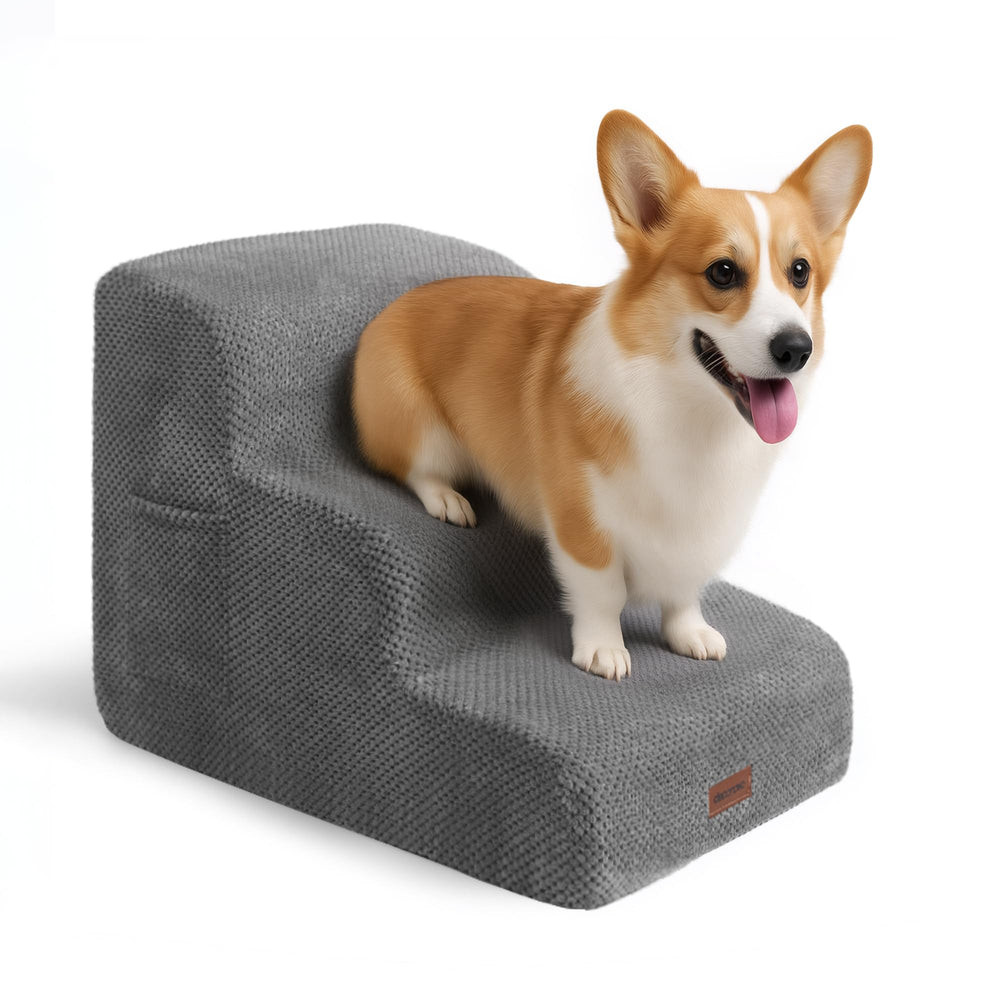 Deconovo pet stairs ash-gray side view showing compact, stable design for sofas, easy access