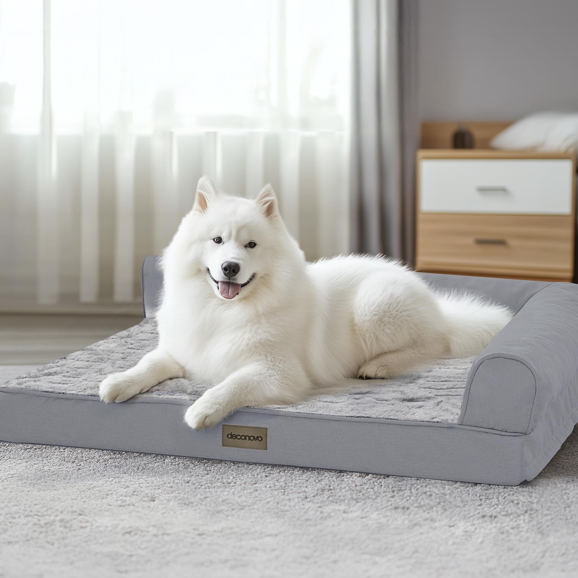 Deconovo sofa dog bed features egg-crate-foam-core delivering breathable, cushioned comfort.