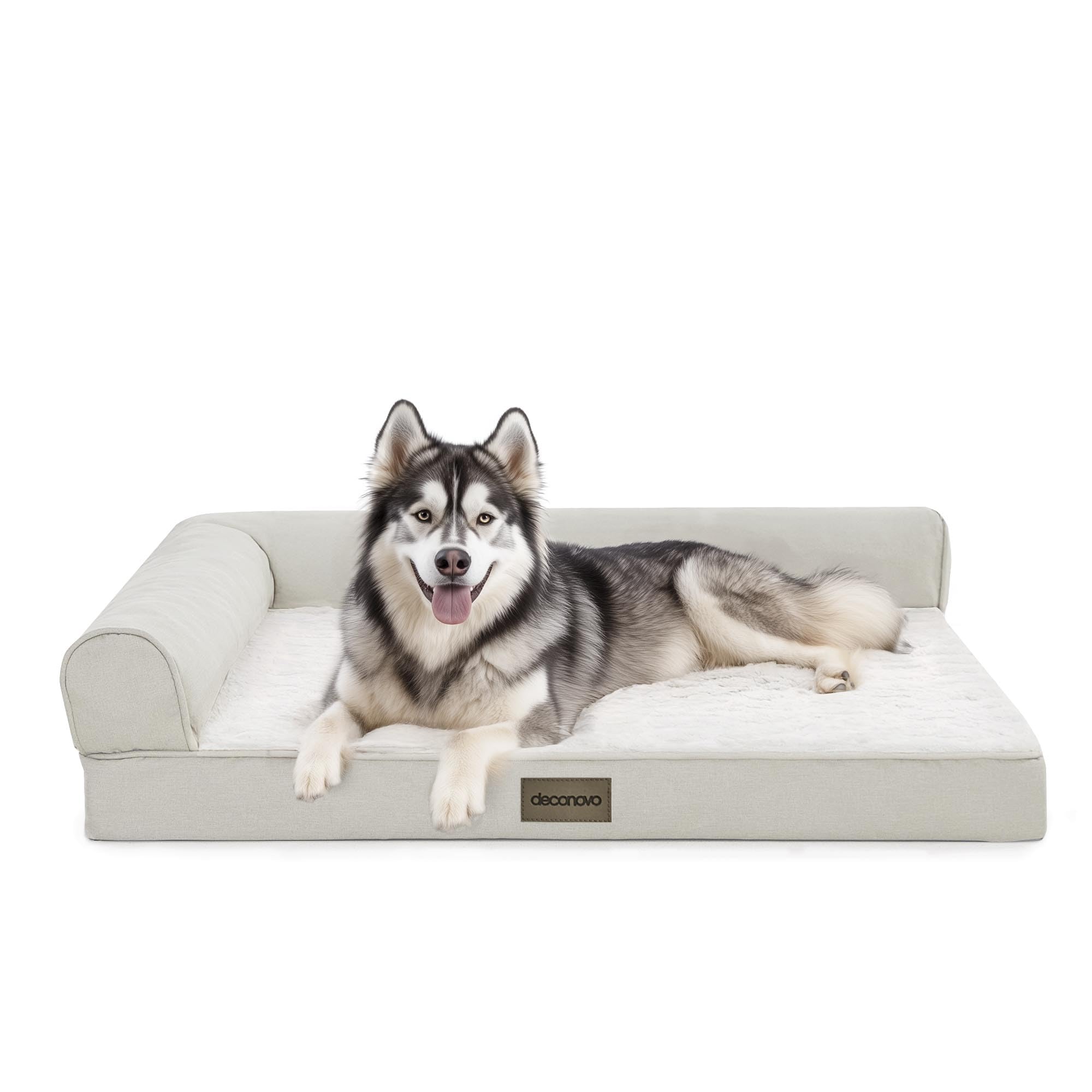 Deconovo sofa dog bed with L-shape bolster offers lounge-ready head and neck support.