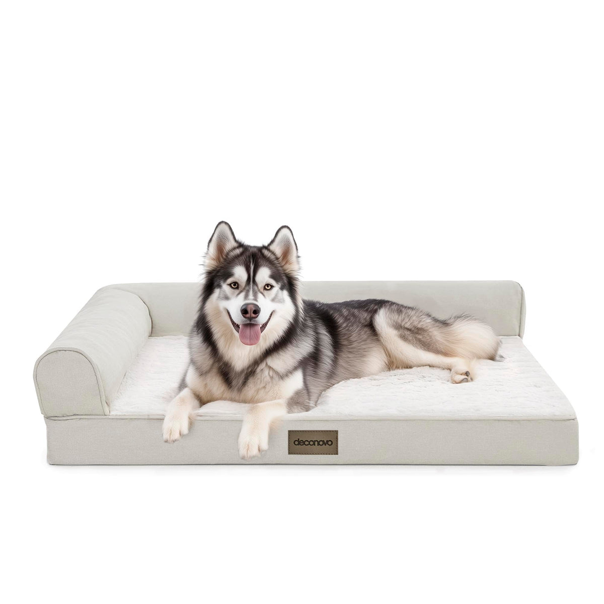 Deconovo sofa dog bed with L-shape bolster offers lounge-ready head and neck support.