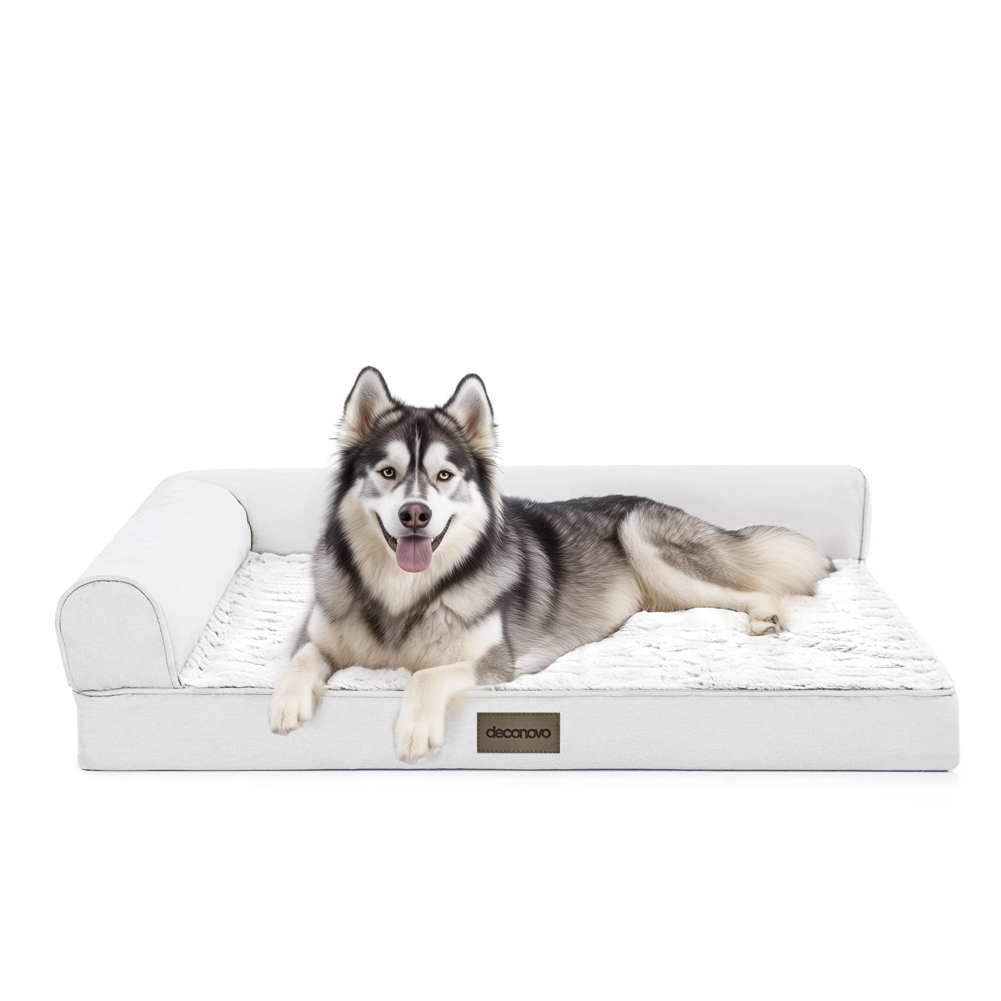 Deconovo sofa dog bed with L-shape bolster for ergonomic lounging.