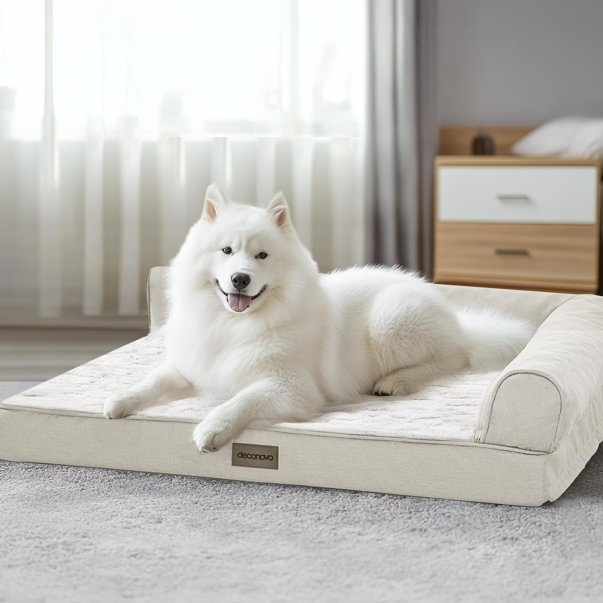 Deconovo dog bed showcases plush PV velvet top in beige for cozy lounging.