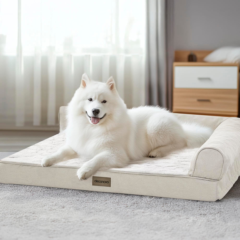 Deconovo dog bed showcases plush PV velvet top in beige for cozy lounging.