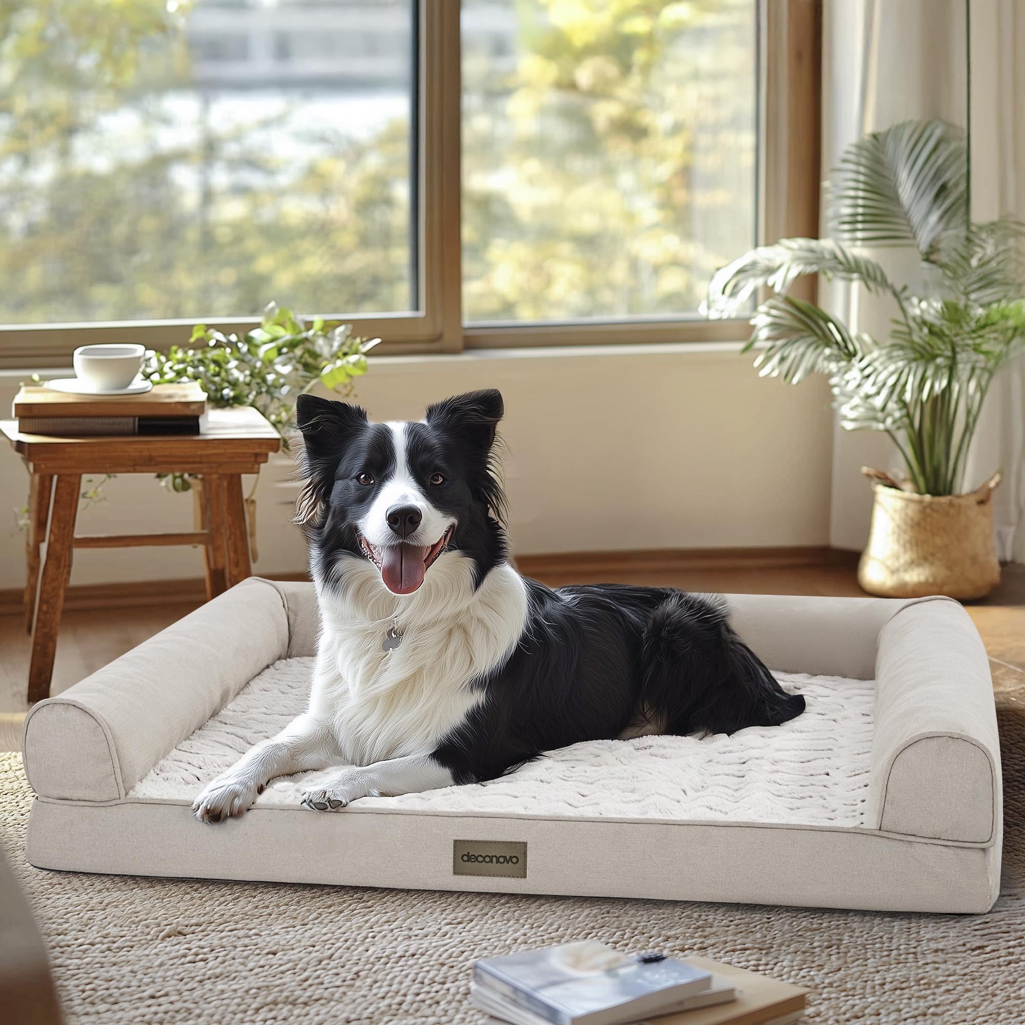 Deconovo sofa dog bed side bolster view highlighting plush support for neck and lounging.