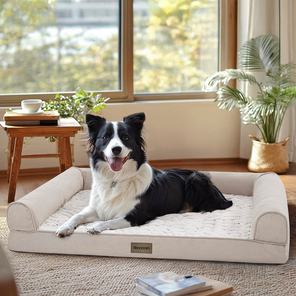 Deconovo sofa dog bed side bolster view highlighting plush support for neck and lounging.