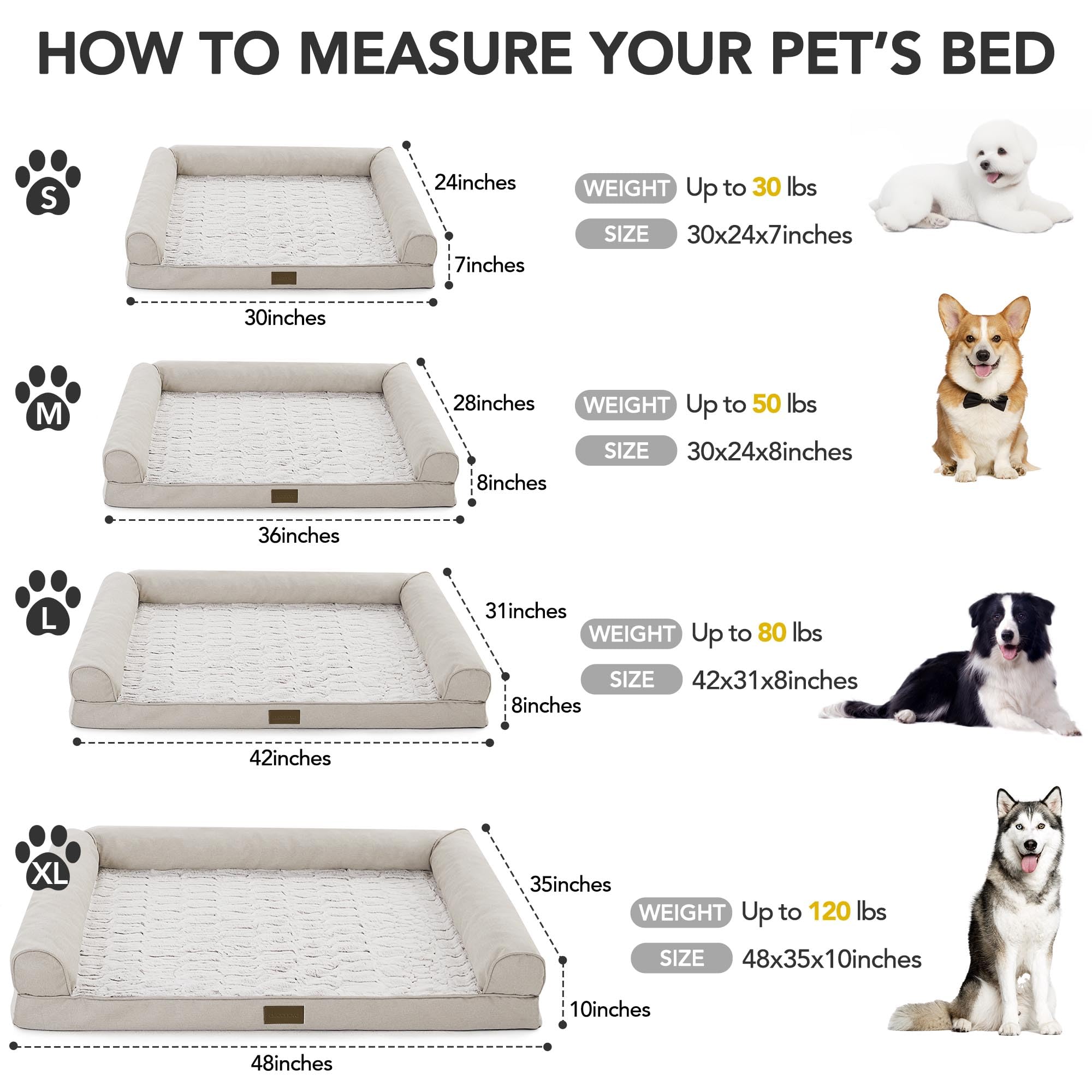 Deconovo sofa dog bed size chart showing Large and XL options for big dogs.