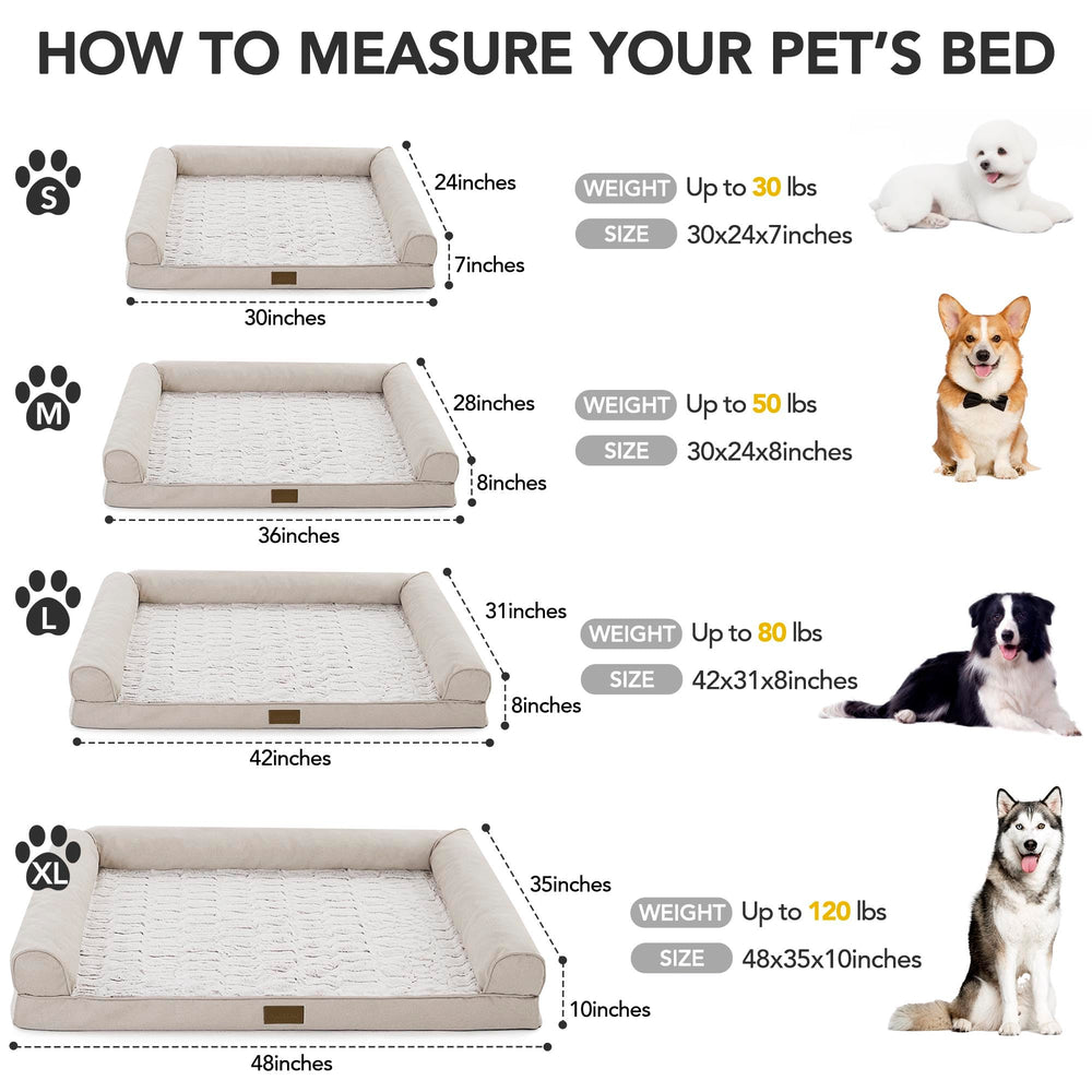 Deconovo sofa dog bed size chart showing Large and XL options for big dogs.