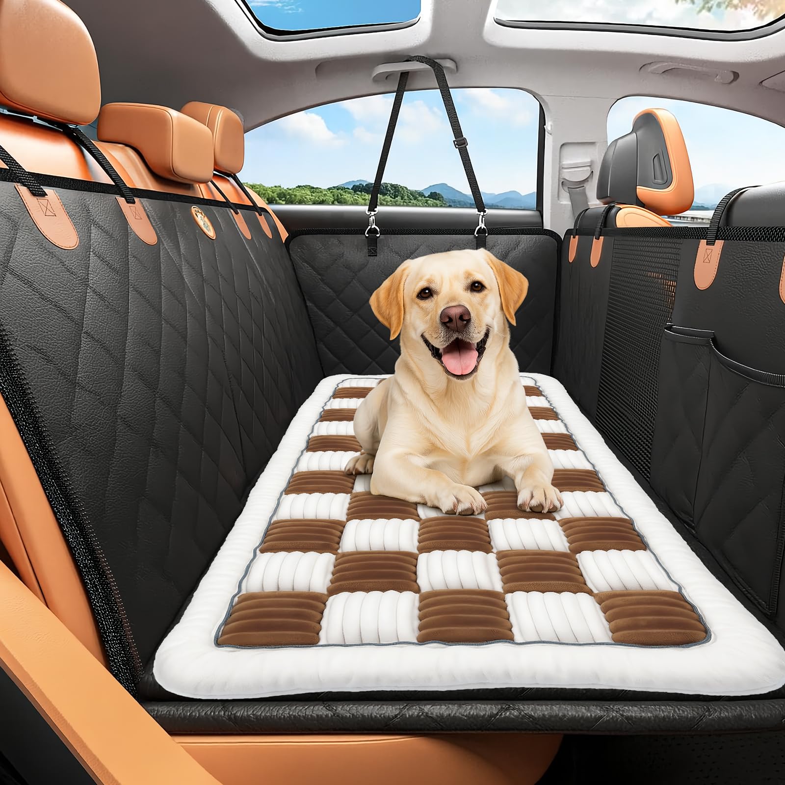 Deep Dream backseat dog bed with non-slip backing keeps pets in place during travel.