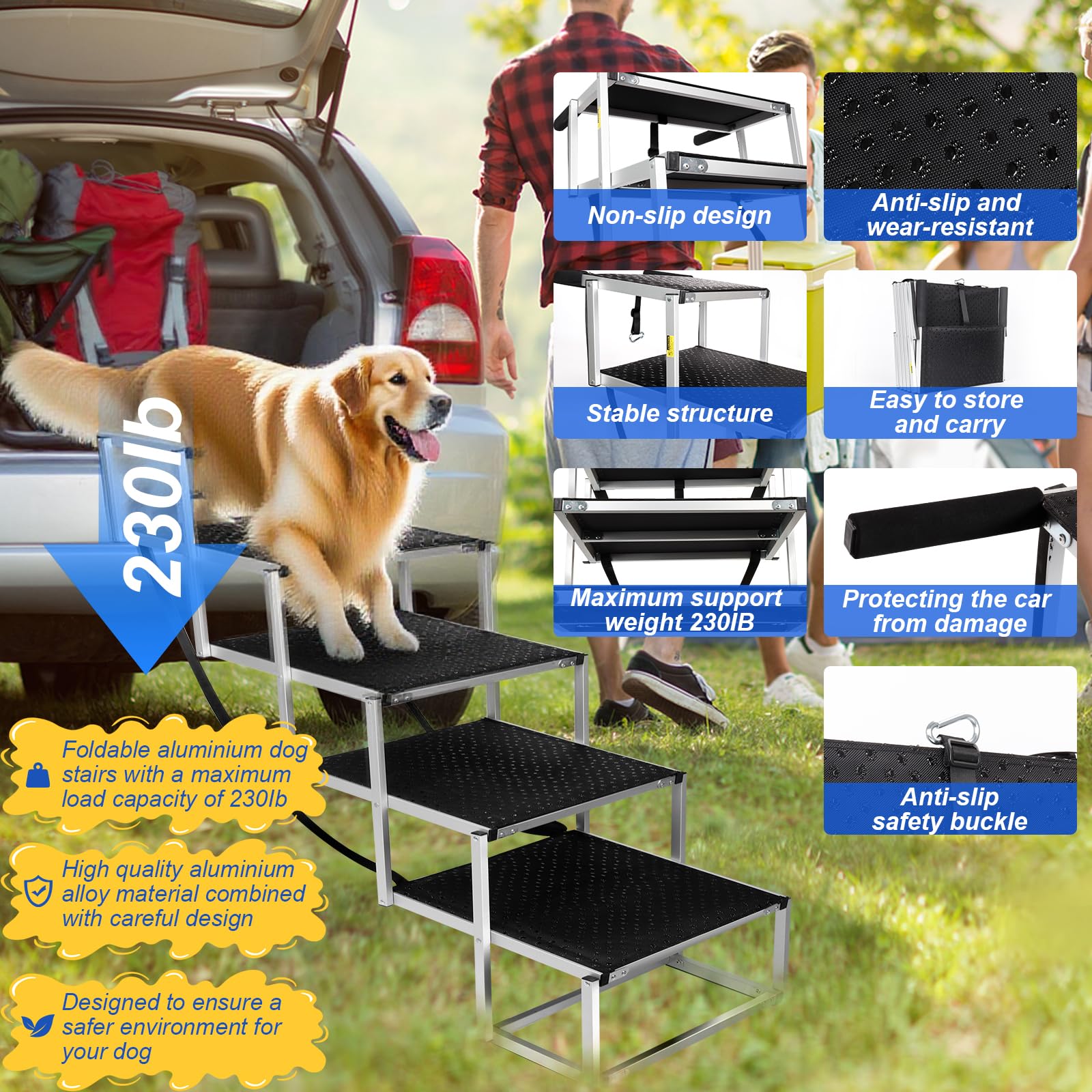 DeerGym dog stairs with 230-pound capacity supports large breeds confidently.