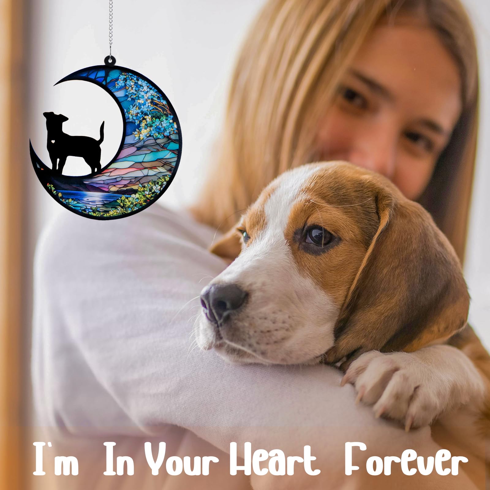 DeerZone dog memorial suncatcher placed in living room beside a photo for memory