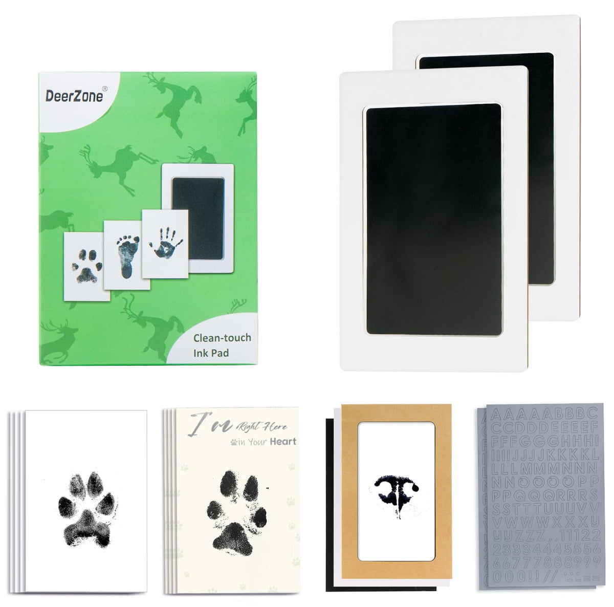 DeerZone Inkless Paw Print Kit overview with mess-free clean-touch system for keepsakes.