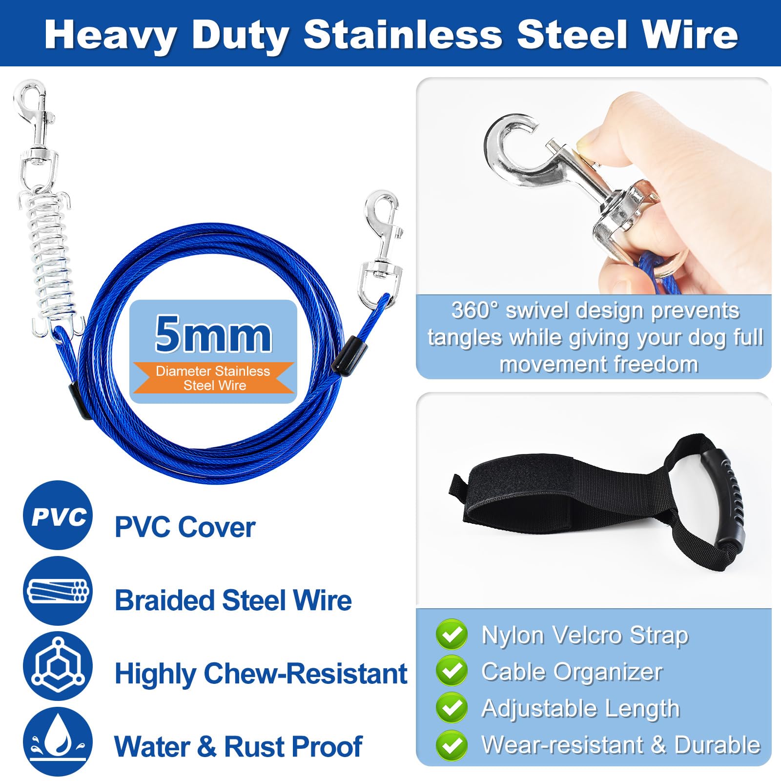 Deisunpet 5mm galvanized steel cable resists chewing and wear for strong, active dogs