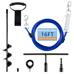 Deisunpet heavy-duty dog tie-out cable with anchor stake showing secure yard containment for active dogs