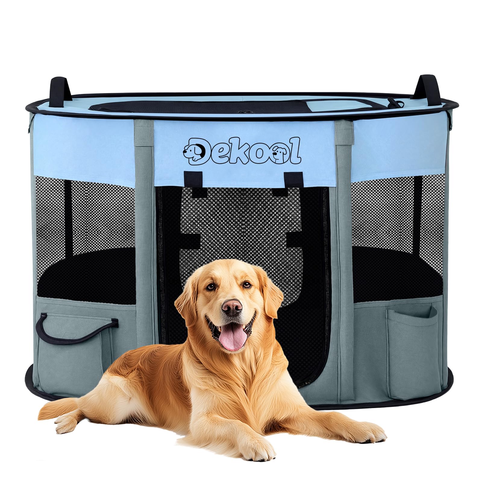 Dekool foldable dog-cat playpen in blue, portable for indoor and outdoor use.