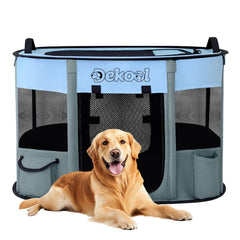 Dekool foldable dog-cat playpen in blue, portable for indoor and outdoor use.