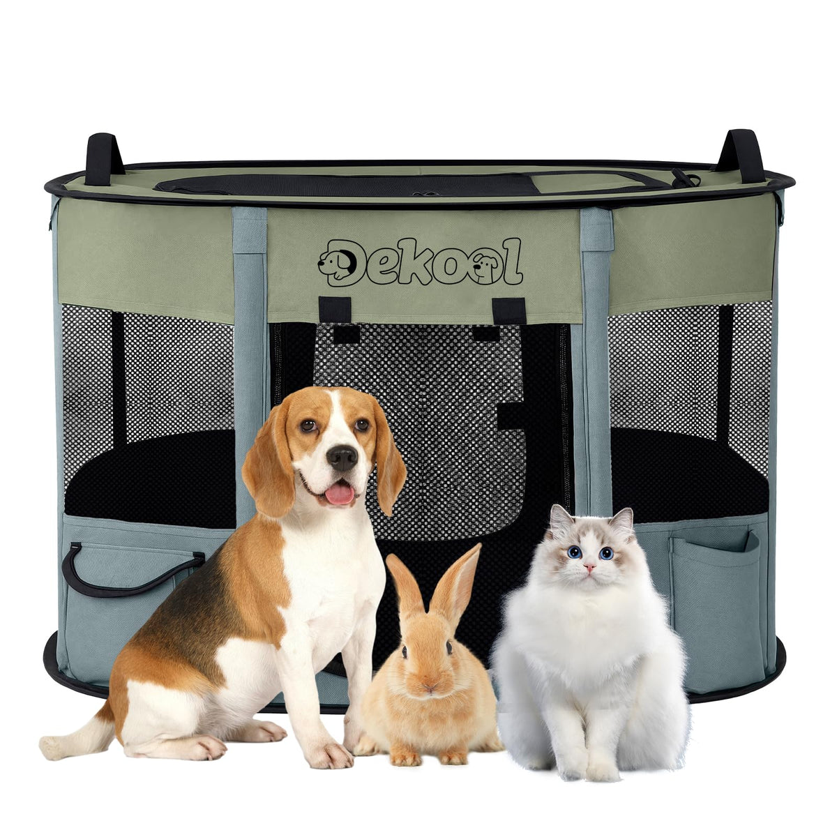Dekool foldable playpen with dual lockable doors for secure containment during travel.