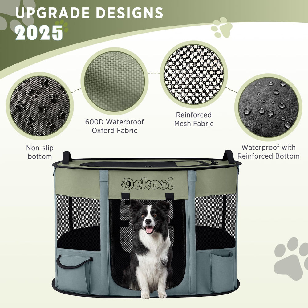 Dekool foldable playpen reinforced mesh provides durability and better ventilation for pets.