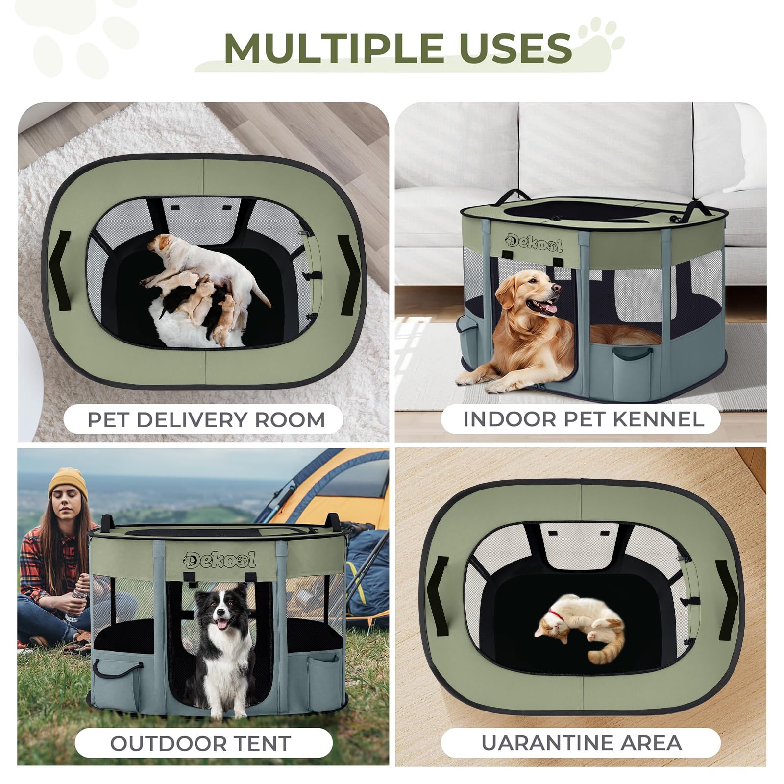 Dekool foldable playpen uses waterproof fabric for easy cleanup after outdoor adventures.