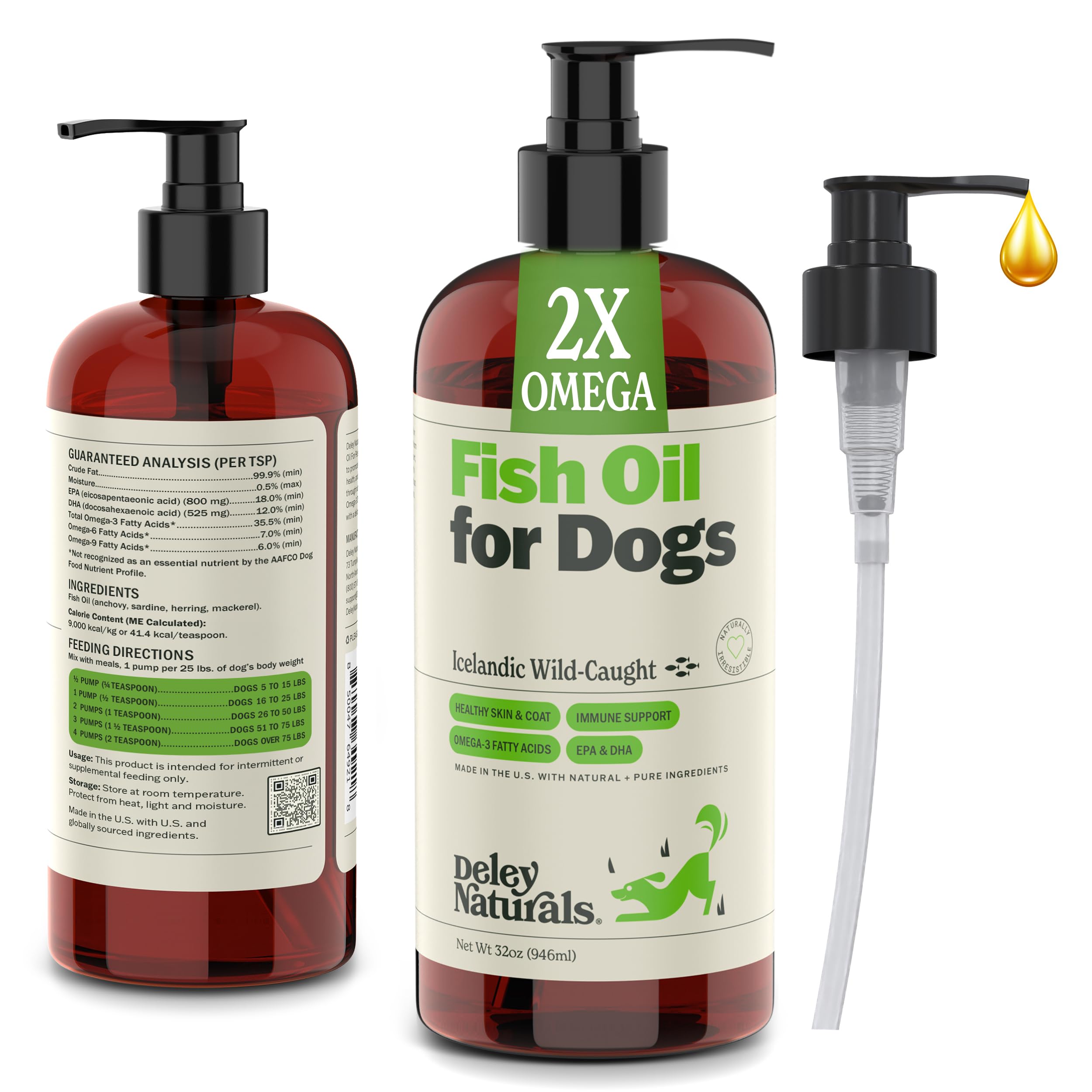 Deley Naturals Dog Fish Oil Icelandic bottle on wood promotes overall canine health