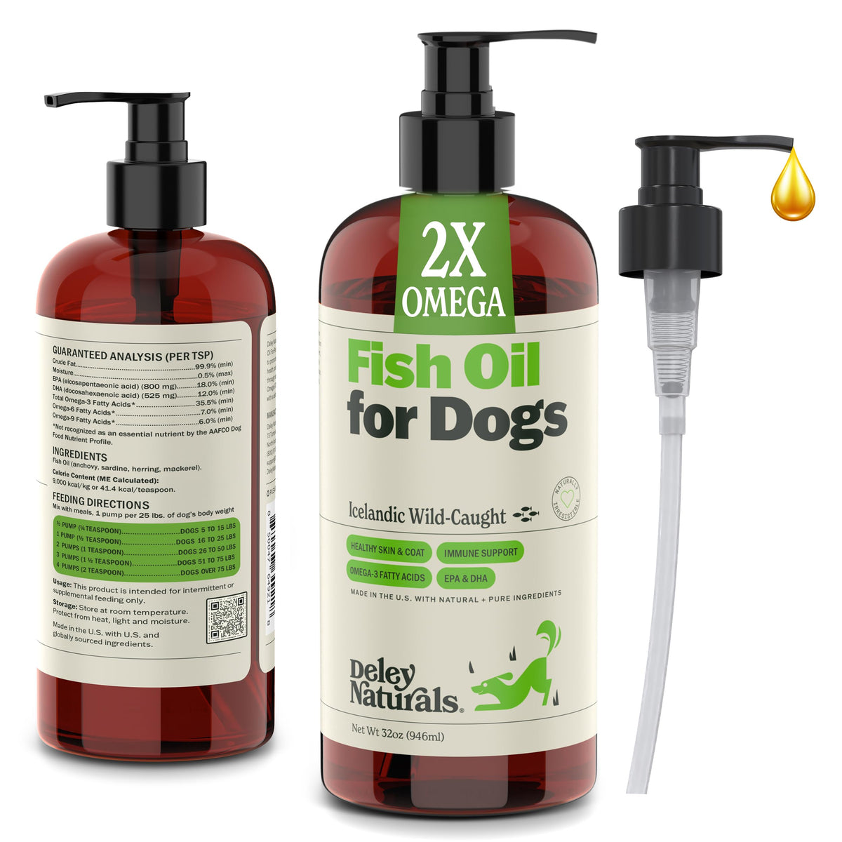 Deley Naturals Dog Fish Oil Icelandic bottle on wood promotes overall canine health