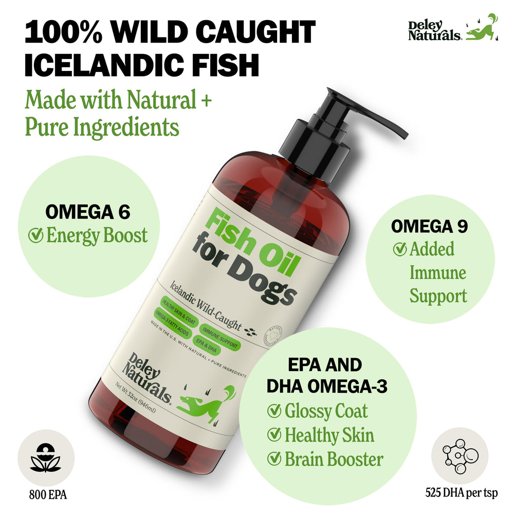 Deley Naturals Dog Fish Oil omega-3-6-9 soft gels highlight premium nutrition
