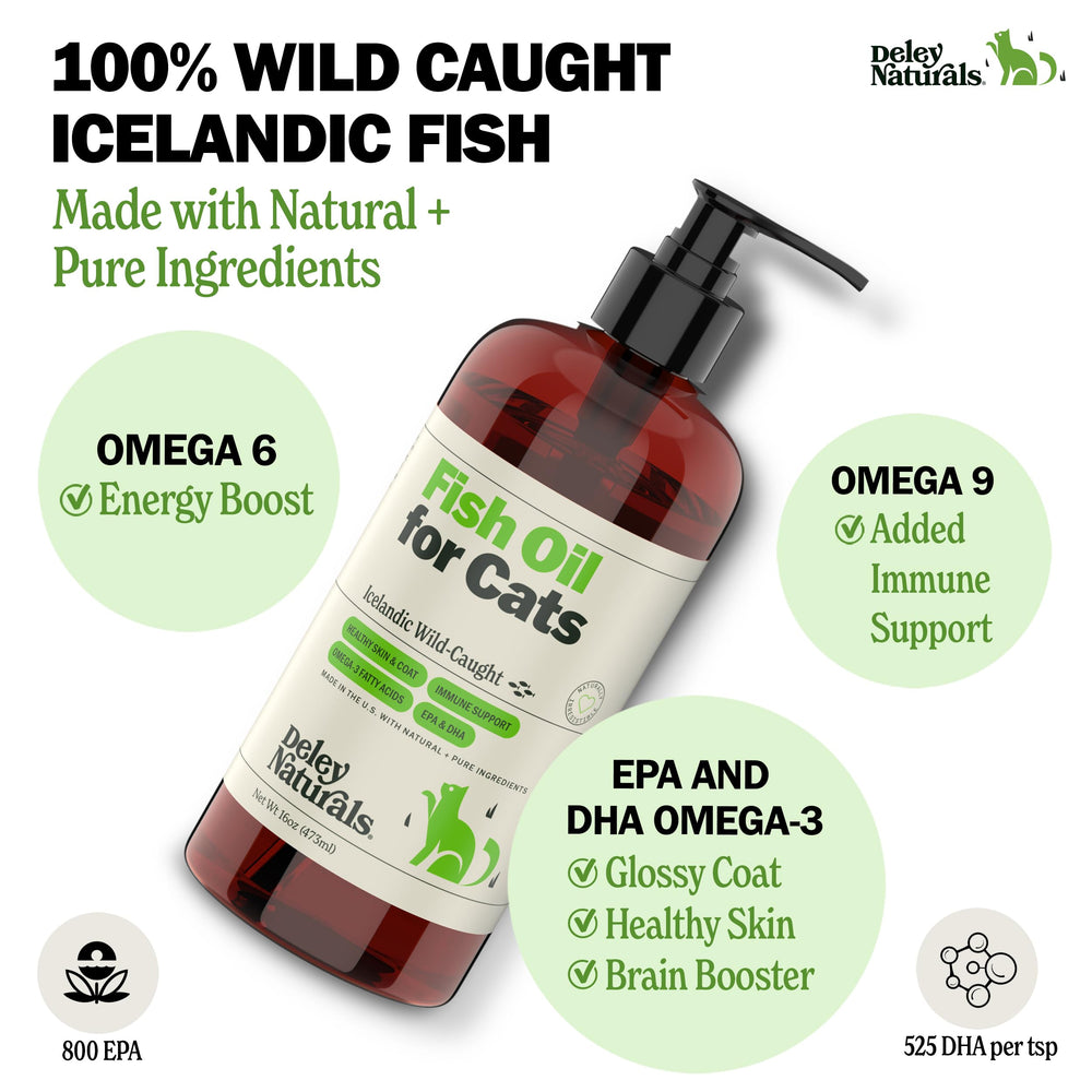 Deley Naturals Wild Caught Fish Oil for Cats minimal odor eases meal mixing.