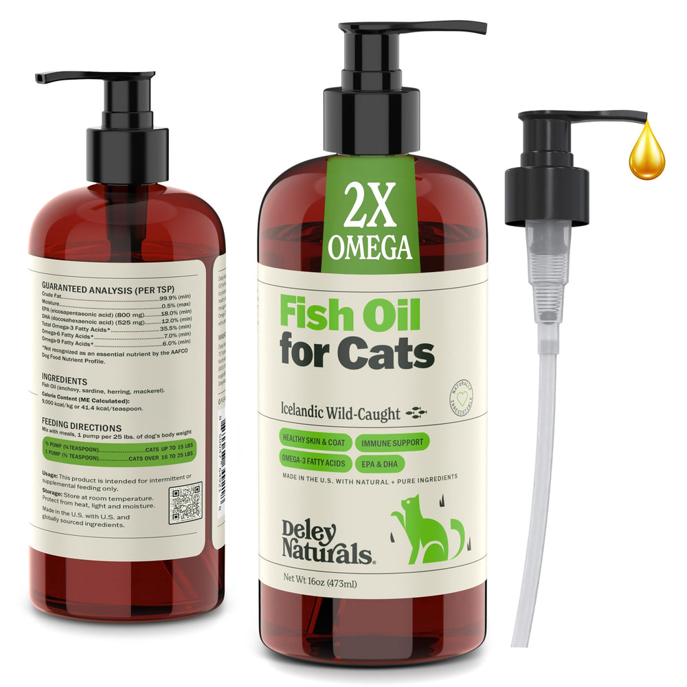 Deley Naturals Wild Caught Fish Oil for Cats with pump-top for easy daily dosing.
