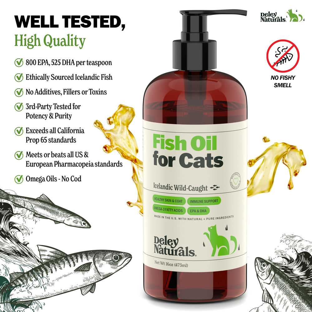 Deley Naturals Wild Caught Fish Oil for Cats USA-made in FDA facility.