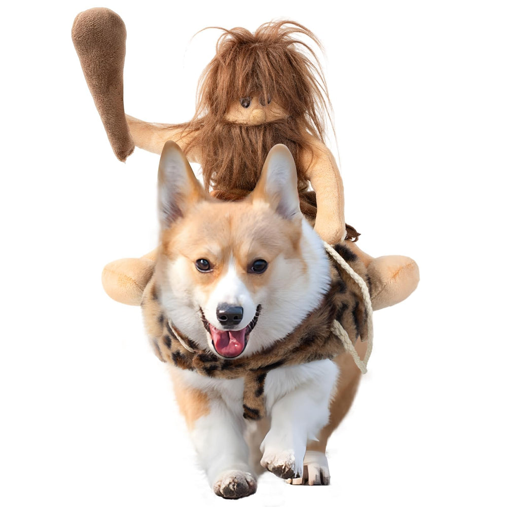 Delifur dog Halloween costume with primitive-man design for playful photo ops.