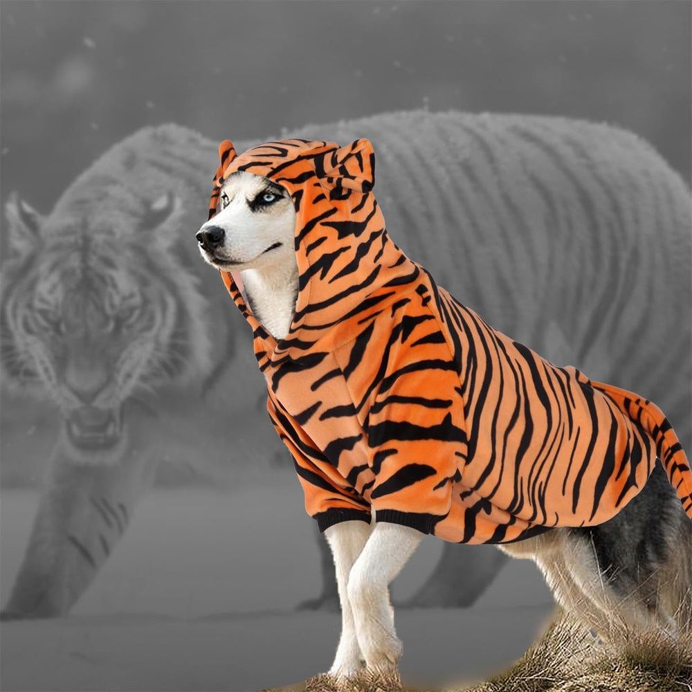 DELIFUR tiger-costume-dog-back-view demonstrates easy wear
