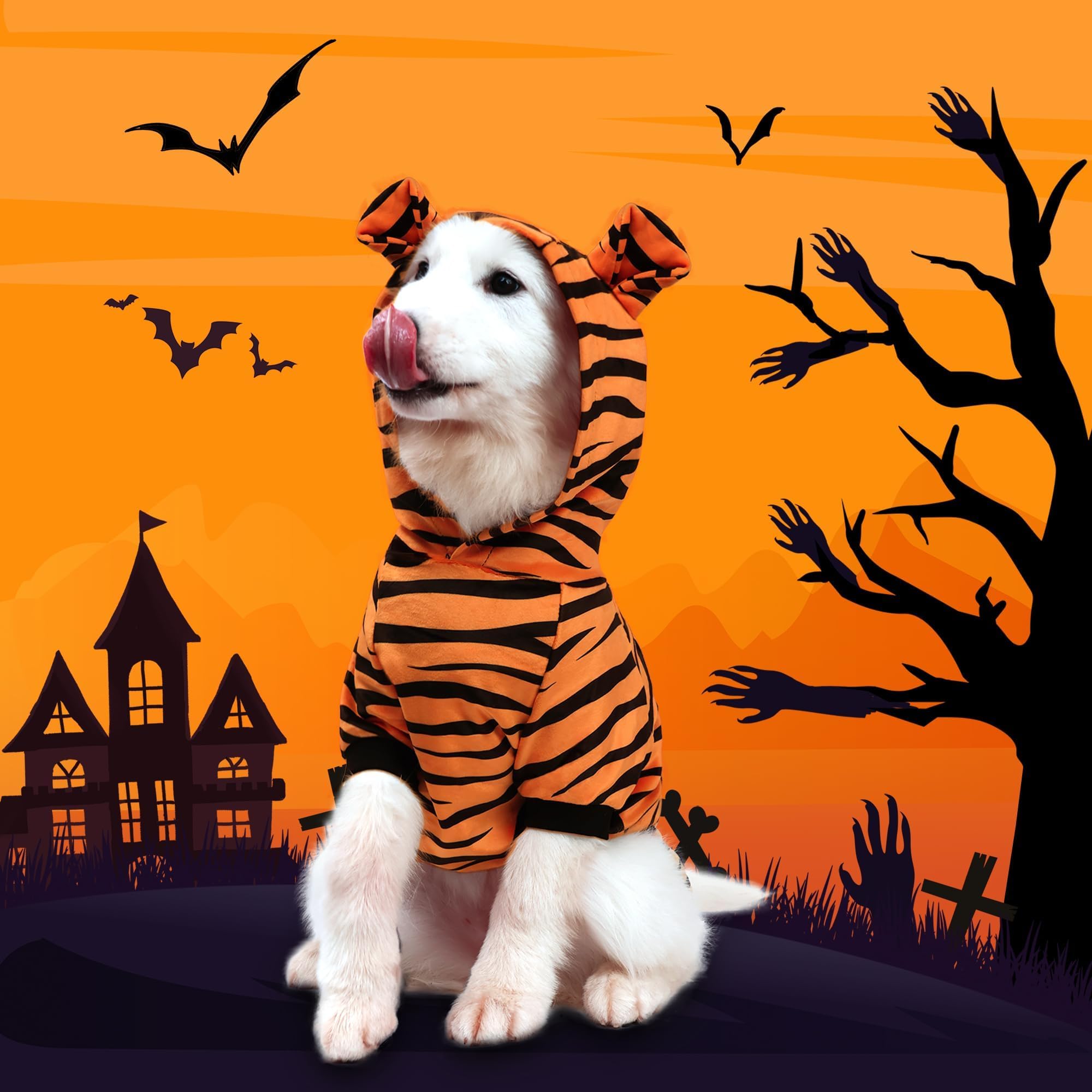 DELIFUR tiger-costume-dog-hood close-up shows leash hole for easy dressing