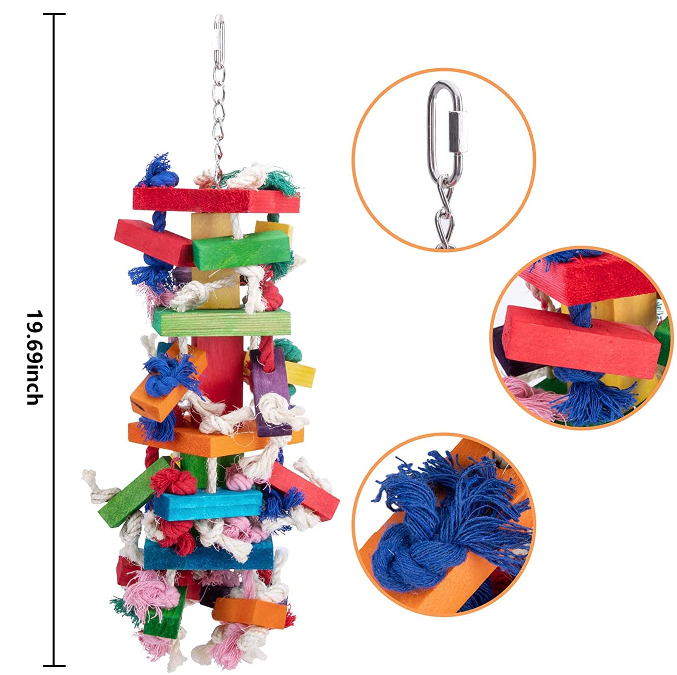 Deloky bird block knots toy showing 19-7-inch size for large birds.
