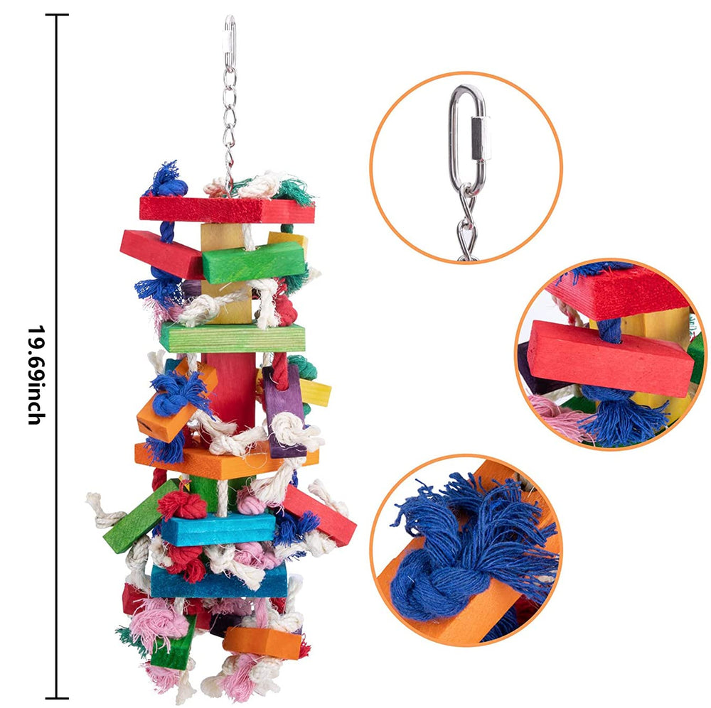 Deloky bird block knots toy showing 19-7-inch size for large birds.