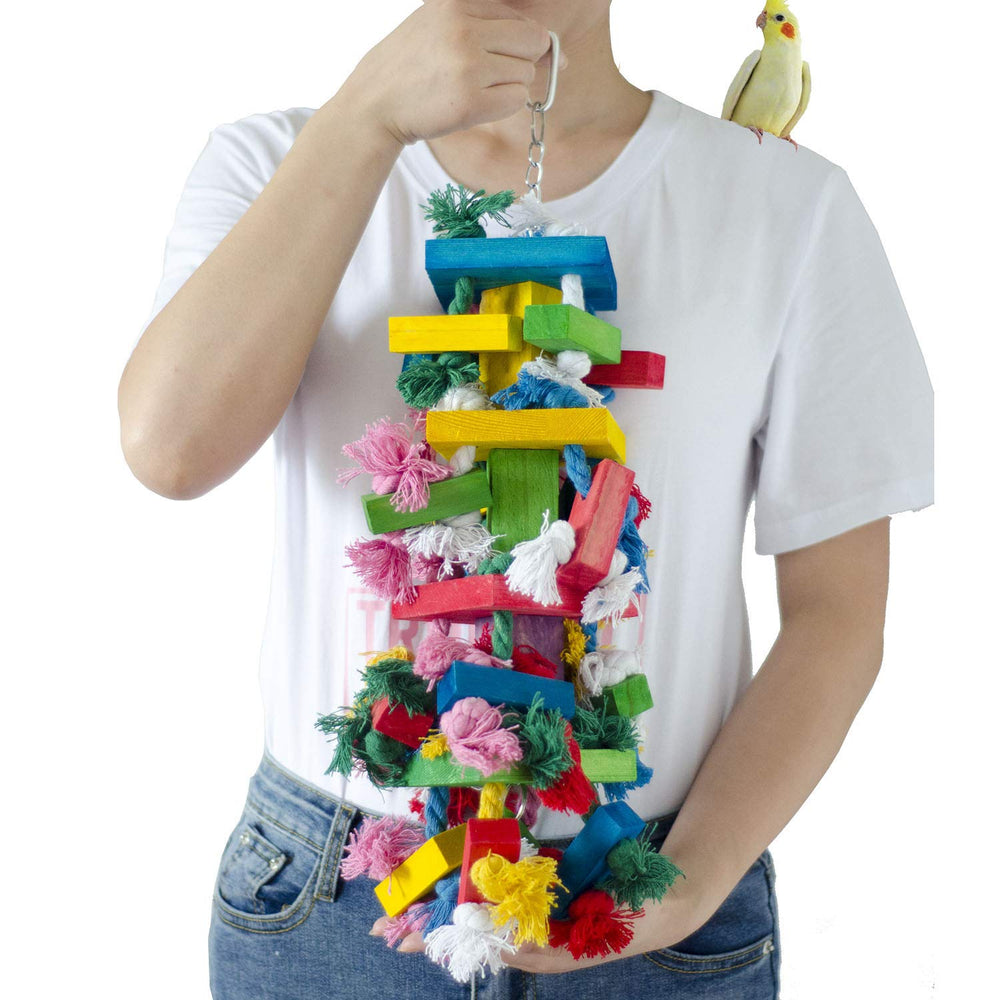 Deloky bird block knots toy, multicolored wooden parrot chew for enrichment.