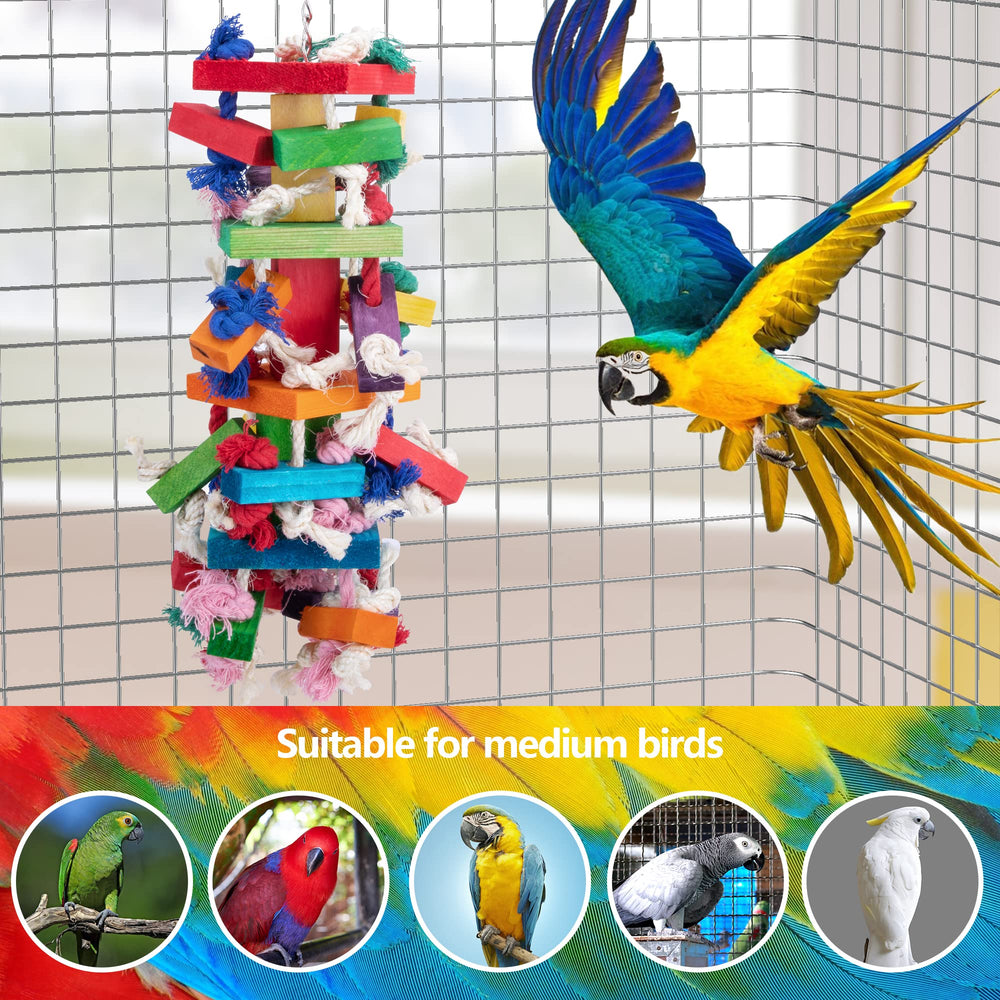 Deloky bird block knots toy natural wood dyes inviting parrots to chew.