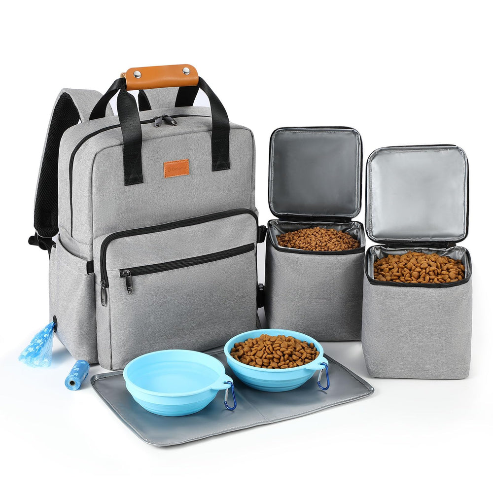 DELOMO dog travel bag 25L backpack neatly stores gear for week-long trips.