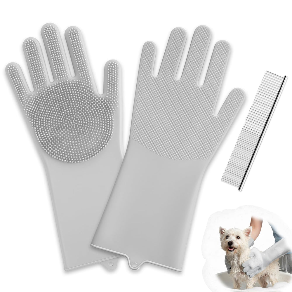 DELOMO dog washing gloves closeup bristles for thorough bathing.