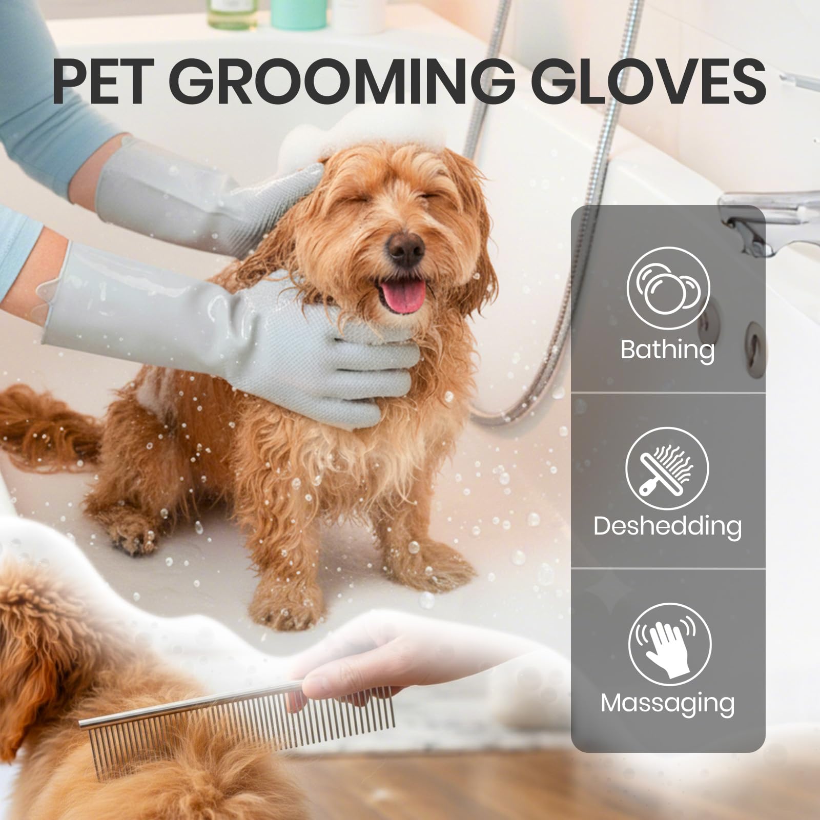 DELOMO dog washing gloves on hand deliver massage-like bath experience.
