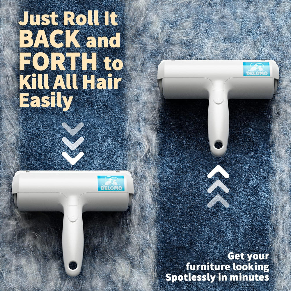 DELOMO Pet Hair Roller over a blanket bed lifting loose fur easily.