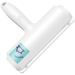 DELOMO Pet Hair Roller built-in fur bin in action on sofa for mess-free cleanup.